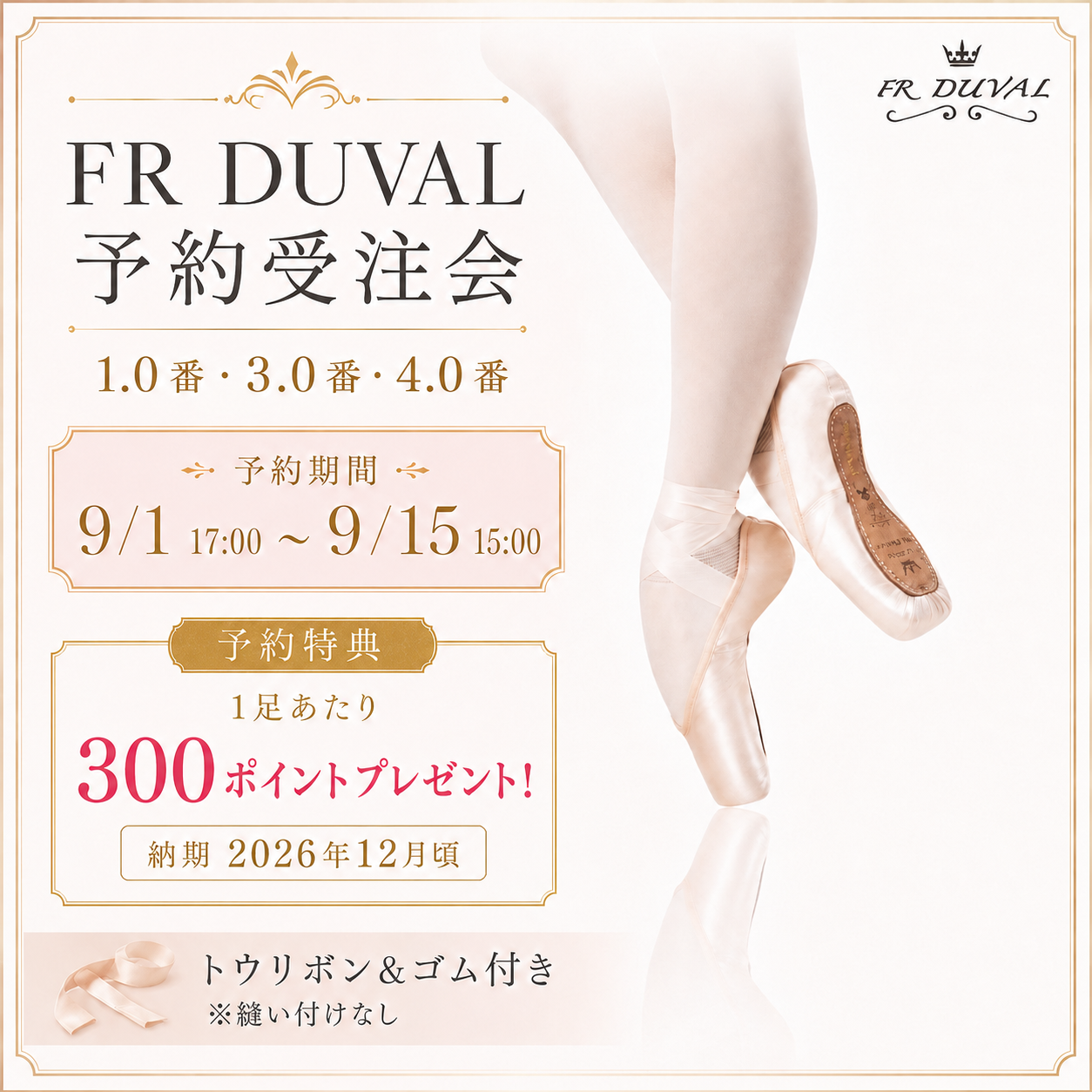 【期間限定・予約受注】F.R.Duval（FRデュバル）トウシューズ 1.0・3.0・4.0｜シャンク・幅が選べる／リボン＆ゴム付き